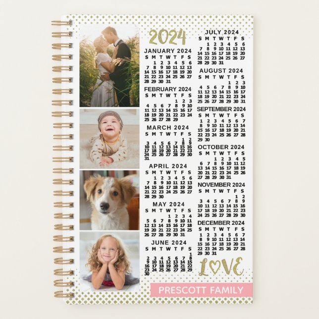 2024 Calendar Blush Pink Gold Photo Collage Small Planner (Front)