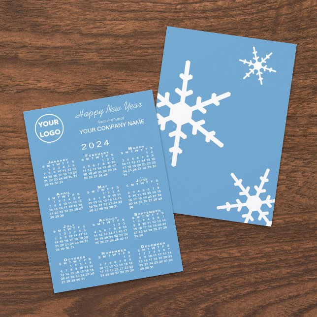 2024 Calendar Business Logo Light Blue Snowflake Holiday Card (Front and Back)