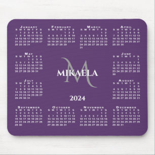 2024 Calendar Chic Monogram Name on Purple Mouse Mat