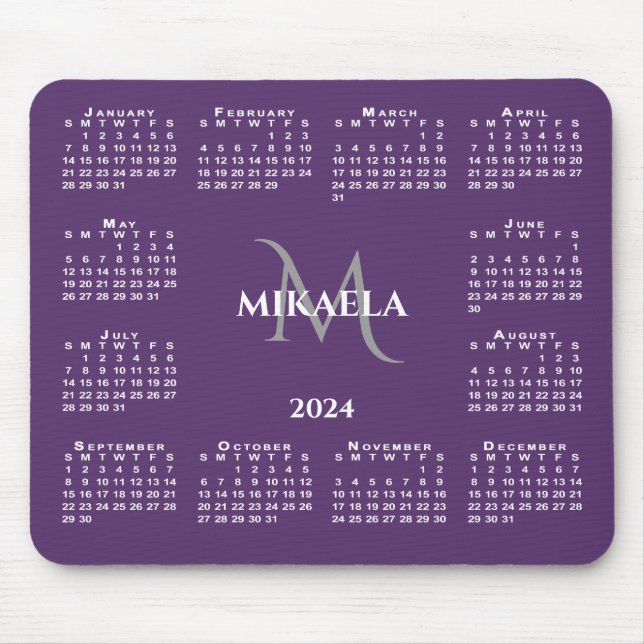 2024 Calendar Chic Monogram Name on Purple Mouse Mat (Front)