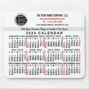 2024 Calendar Custom Business Logo Name White Red Mouse Mat