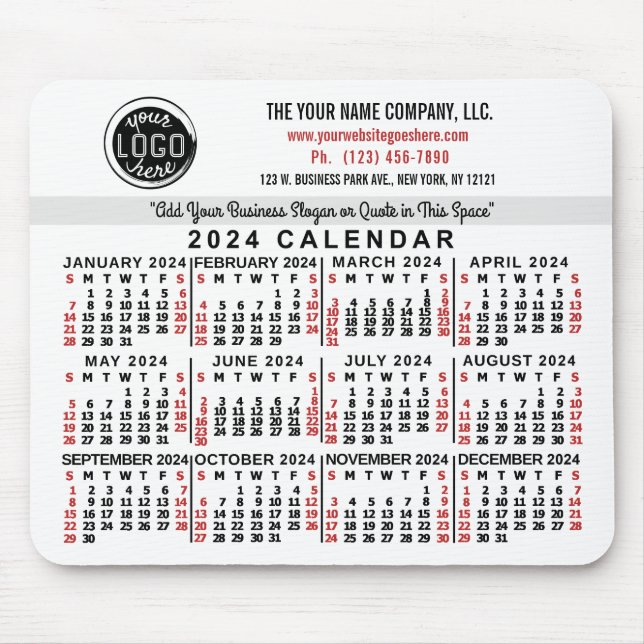 2024 Calendar Custom Business Logo Name White Red Mouse Mat (Front)