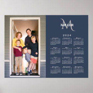 2024 Calendar Custom Photo Monogram Name Navy Blue Poster