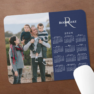 2024 Calendar Custom Photo Monogram Name Navy Mouse Mat