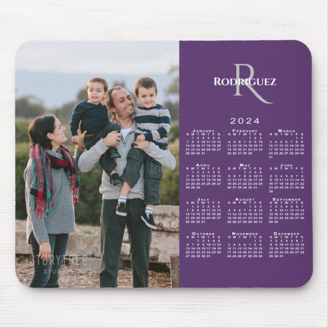 2024 Calendar Custom Photo Monogram Name on Purple Mouse Mat (Front)