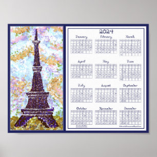 2024 Calendar Eiffel Tower Pointillism Landscape Poster