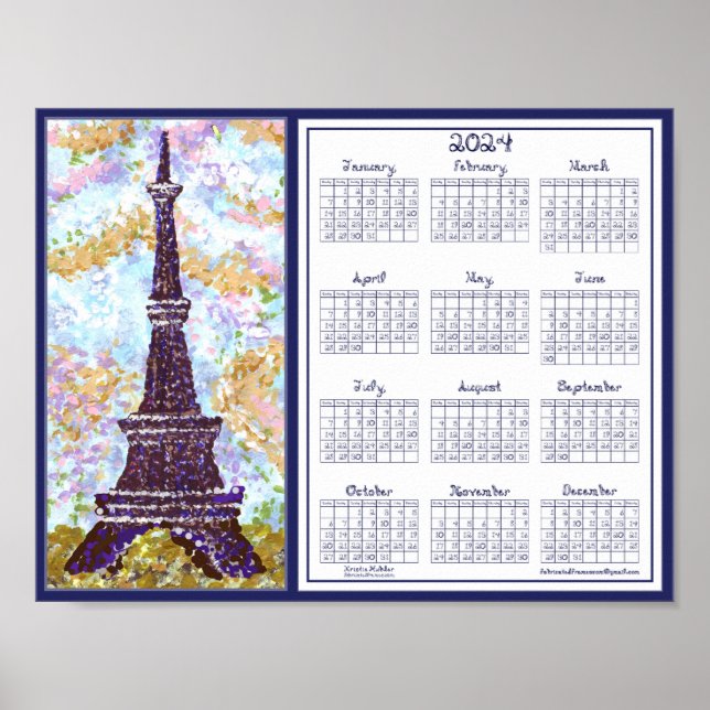 2024 Calendar Eiffel Tower Pointillism Landscape Poster (Front)