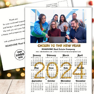 2024 Calendar Festive Gold Glitter Corporate Photo Holiday Postcard