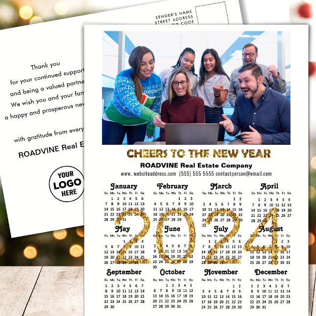 2024 Calendar Festive Gold Glitter Corporate Photo Holiday Postcard (Creator Uploaded)