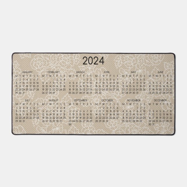 2024 Calendar Floral Lace Kraft Photo Image  Desk Mat (Front)