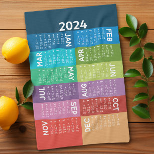2024 Calendar - full year - funky colourful months Tea Towel