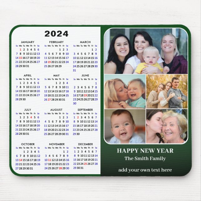 2024 Calendar Green 5 Family Photo US Holidays Mouse Mat (Front)