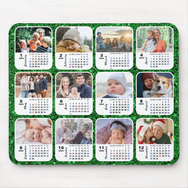 2024 Calendar Green Glitter Family Photo Collage Mouse Mat (Front)