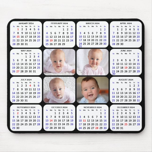 2024 Calendar Modern Black 4 Family Photo Simple Mouse Mat (Front)