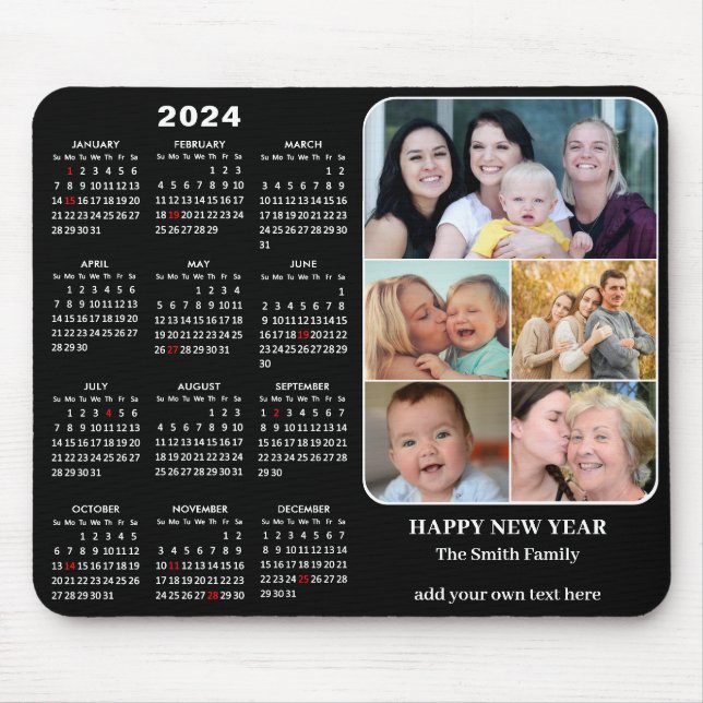 2024 Calendar Modern Black 5 Family Photo Collage Mouse Mat (Front)