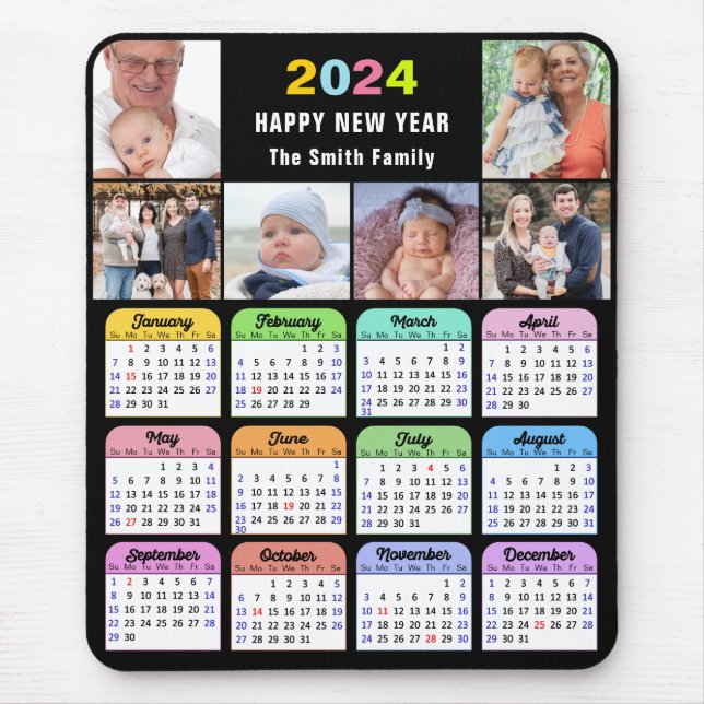 2024 Calendar Modern Black 6 Family Photo Collage  Mouse Mat (Front)