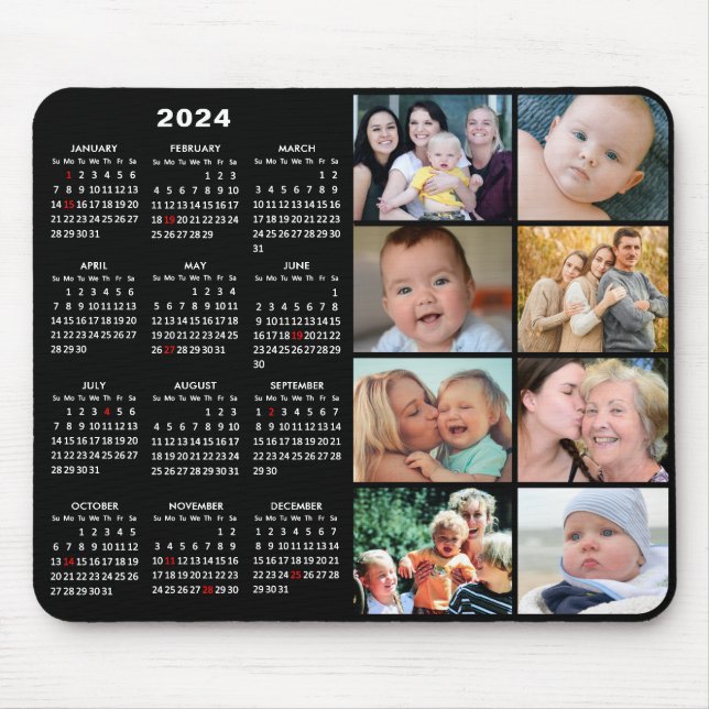 2024 Calendar Modern Black 8 Family Photo Collage Mouse Mat (Front)