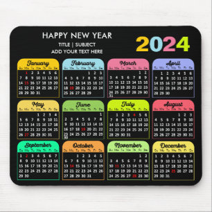 2024 Calendar Modern Black Custom Text Colourful Mouse Mat