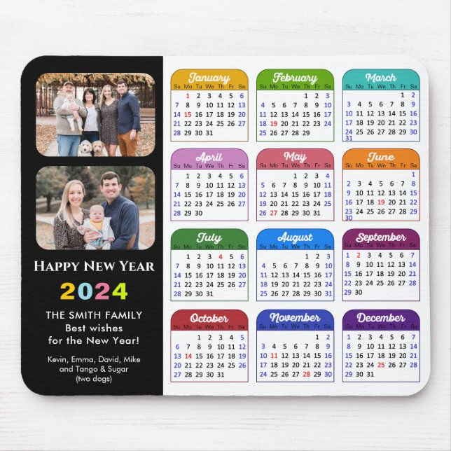 2024 Calendar Modern Black Family 2 Photo Colourfu Mouse Mat (Front)