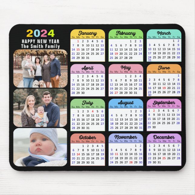2024 Calendar Modern Black Family Photo Colourful  Mouse Mat (Front)