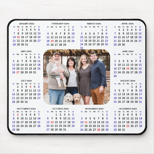 2024 Calendar Modern Black Family Photo Minimalist Mouse Mat (Front)