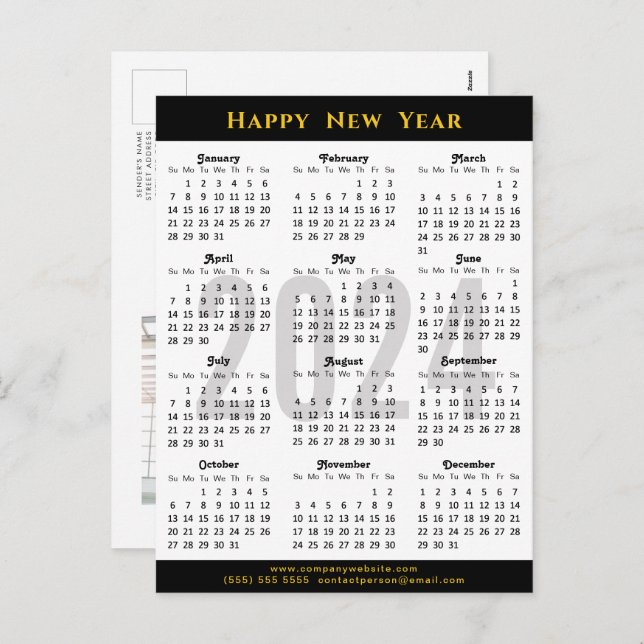2024 Calendar Modern Black Gold Business Photo Holiday Postcard (Front/Back)