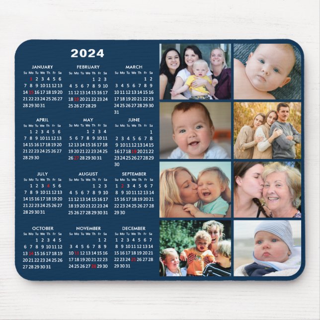 2024 Calendar Modern Blue 8 Family Photo Collage Mouse Mat (Front)