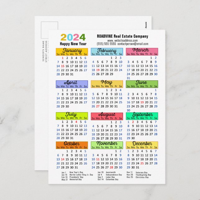 2024 Calendar Modern Business New Year Colourful Holiday Postcard (Front/Back)