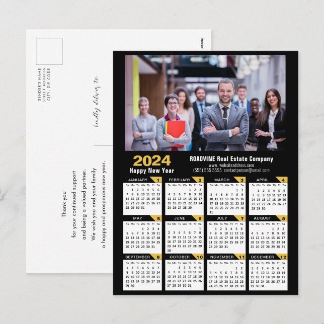 2024 Calendar Modern Gold Black Corporate Photo Holiday Postcard (Front/Back)