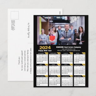 2024 Calendar Modern Gold Black Corporate Photo Holiday Postcard