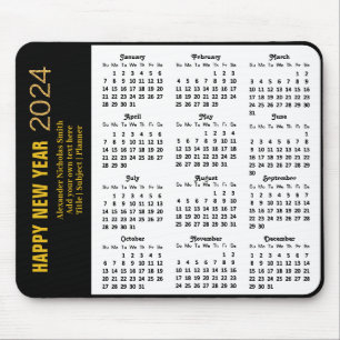 2024 Calendar Modern Gold Script Black Minimalist Mouse Mat