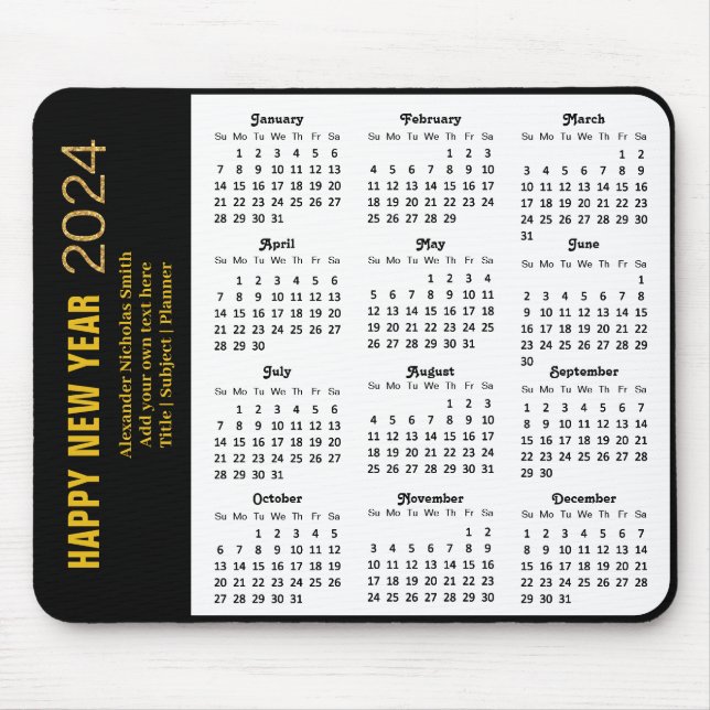 2024 Calendar Modern Gold Script Black Minimalist Mouse Mat (Front)