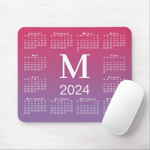 2024 Calendar Monogram on Pink to Purple Gradient Mouse Mat
