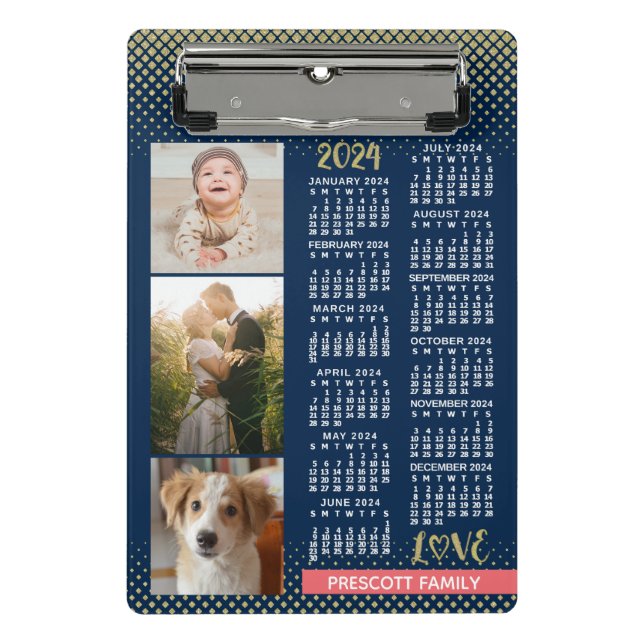 2024 Calendar Navy Coral Gold Family Photo Collage Mini Clipboard (Front)