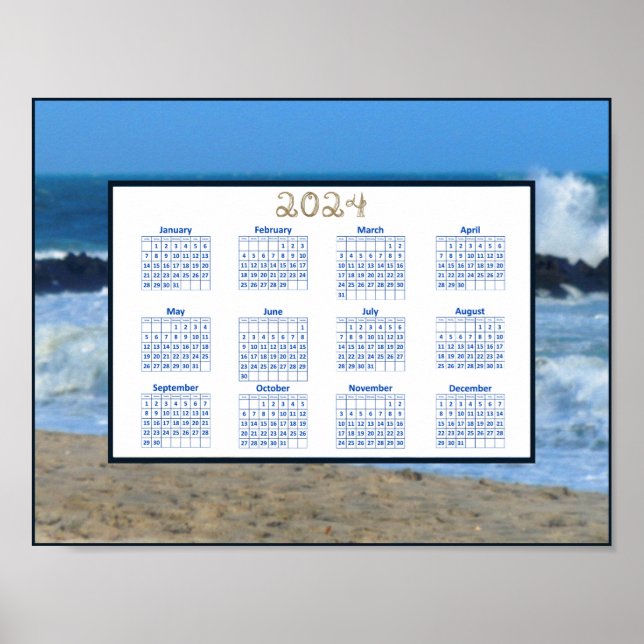 2024 Calendar Ocean Waves Beach Rocks Photo Poster (Front)