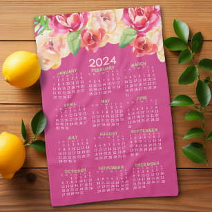 2024 Calendar Painted Watercolor Flowers hot pink Tea Towel