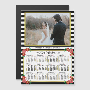 2024 Calendar Preppy Floral Stripes   Custom Photo Magnetic Invitation