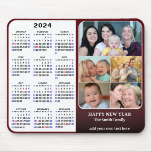 2024 Calendar Red Family Photo Collage US Holidays Mouse Mat