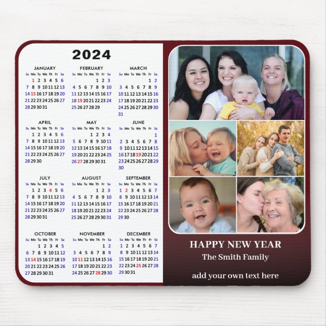 2024 Calendar Red Family Photo Collage US Holidays Mouse Mat (Front)