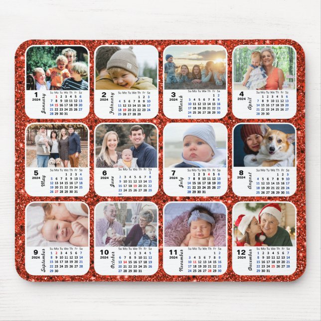2024 Calendar Red Glitter 12 Family Photo Collage Mouse Mat (Front)