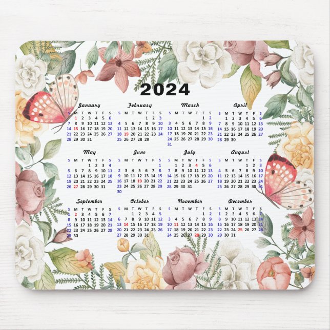 2024 Calendar Rose Floral Greenery Pink Butterfly Mouse Mat (Front)