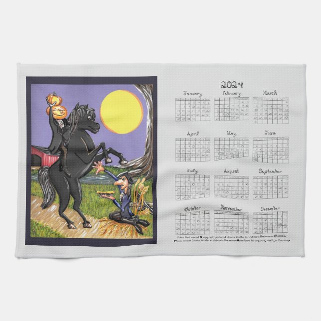 2024 Calendar Sleepy Hollow Horseman Ichabod Grey Tea Towel (Horizontal)