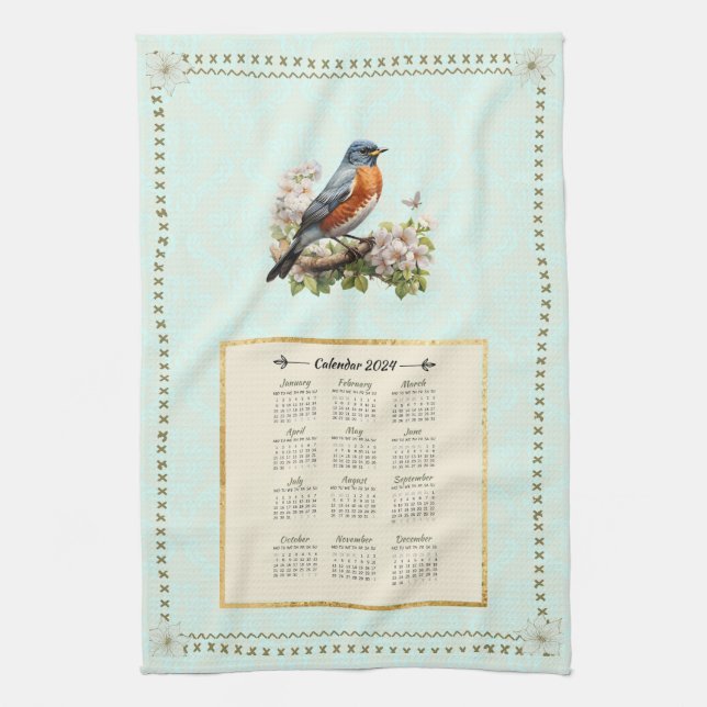 2024 Calendar Towel Robin Bird Aqua Damask (Vertical)