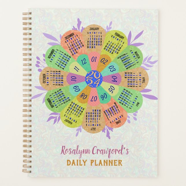 2024 Calendar Unique Boho Retro Flower Custom Name Planner (Front)