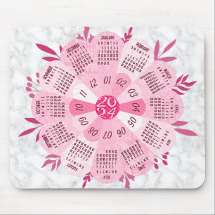 2024 Calendar Unique Round Boho Pretty Pink Flower Mouse Mat