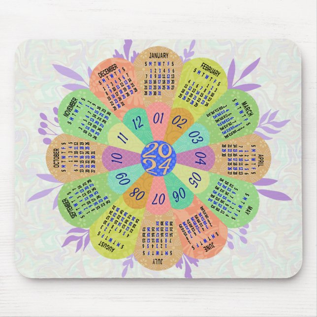 2024 Calendar Unique Round Boho Retro Flower Mouse Mat (Front)