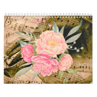 2024 Calendar, Watercolor Flower, Music Vintage Calendar