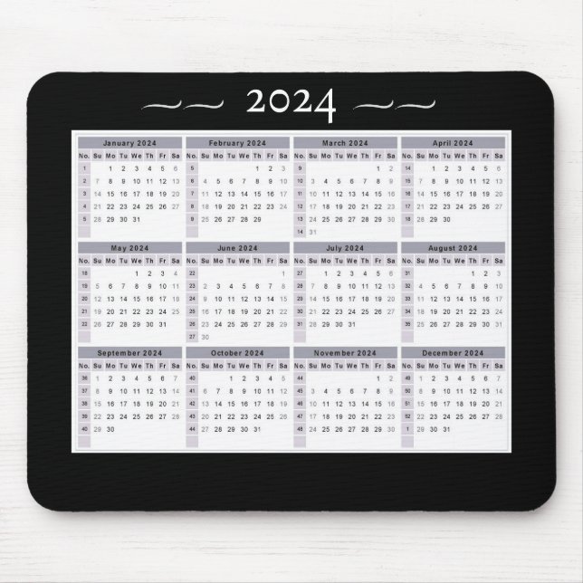 2024 Calendar Weekly Black White Large Print Mouse Mat (Front)