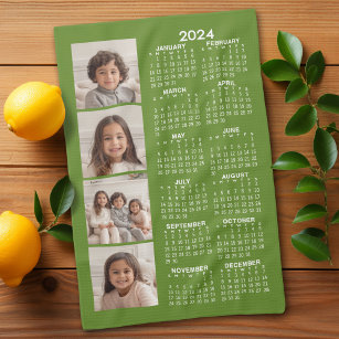 2024 Calendar with 4 Photo Collage - green Tea Towel