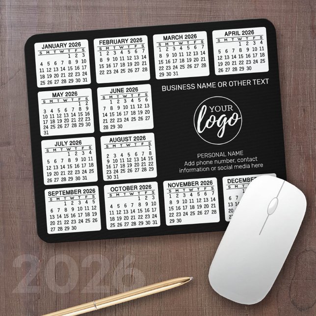 2024 Calendar with logo, Contact Information Black Mouse Mat (2026 Calendar with your logo - Great Business Gift or Home Office Decor)